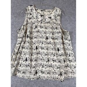 Jessy B Cat Print Sleeveless Blouse Women 1XL Cream Excellent Peter Pan Collar